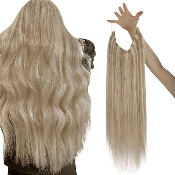 Blonde Hair Extensions Fish Line Real Blonde Highlights #16/22 18inch 80g